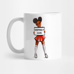 Inspirational motivational affirmation black anime girl cheerleader with Afro hair in puffs, brown eyes and dark brown skin side profile. Hair love ! Mug